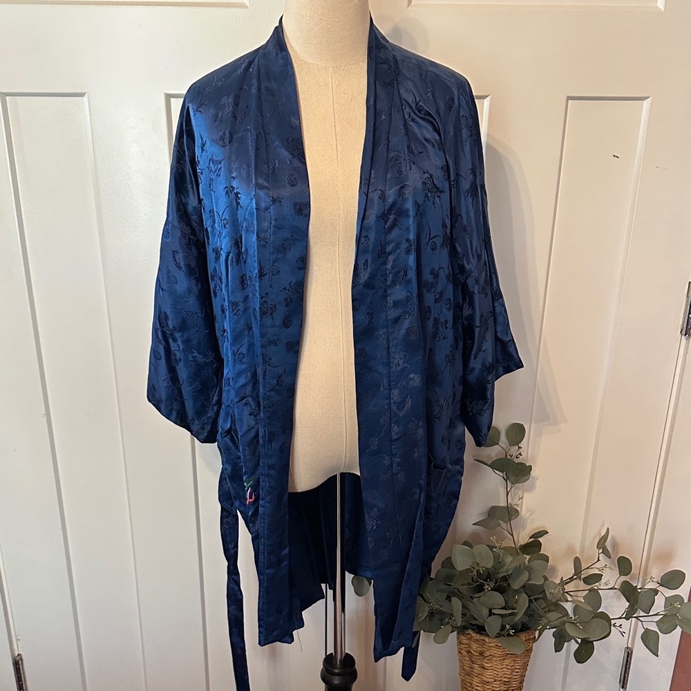 Vintage Esme Women's embroidered dragon embossed Chinese blue L pure silk robe - Picture 3 of 14